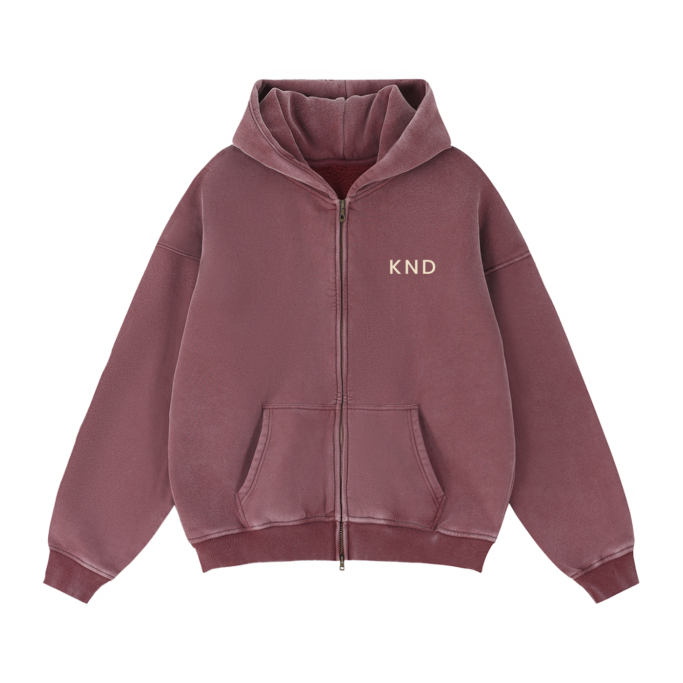 KND Brand boxy zip-through hoodie in red, back view showing drop shoulder cut