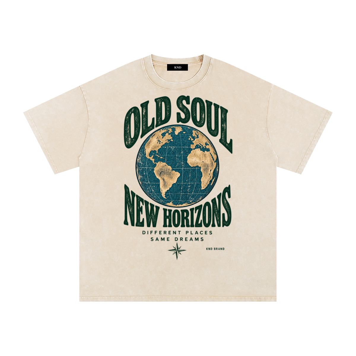 Old Soul New Horizons Washed Tee, Apricot — front print, vintage globe and compass rose graphic