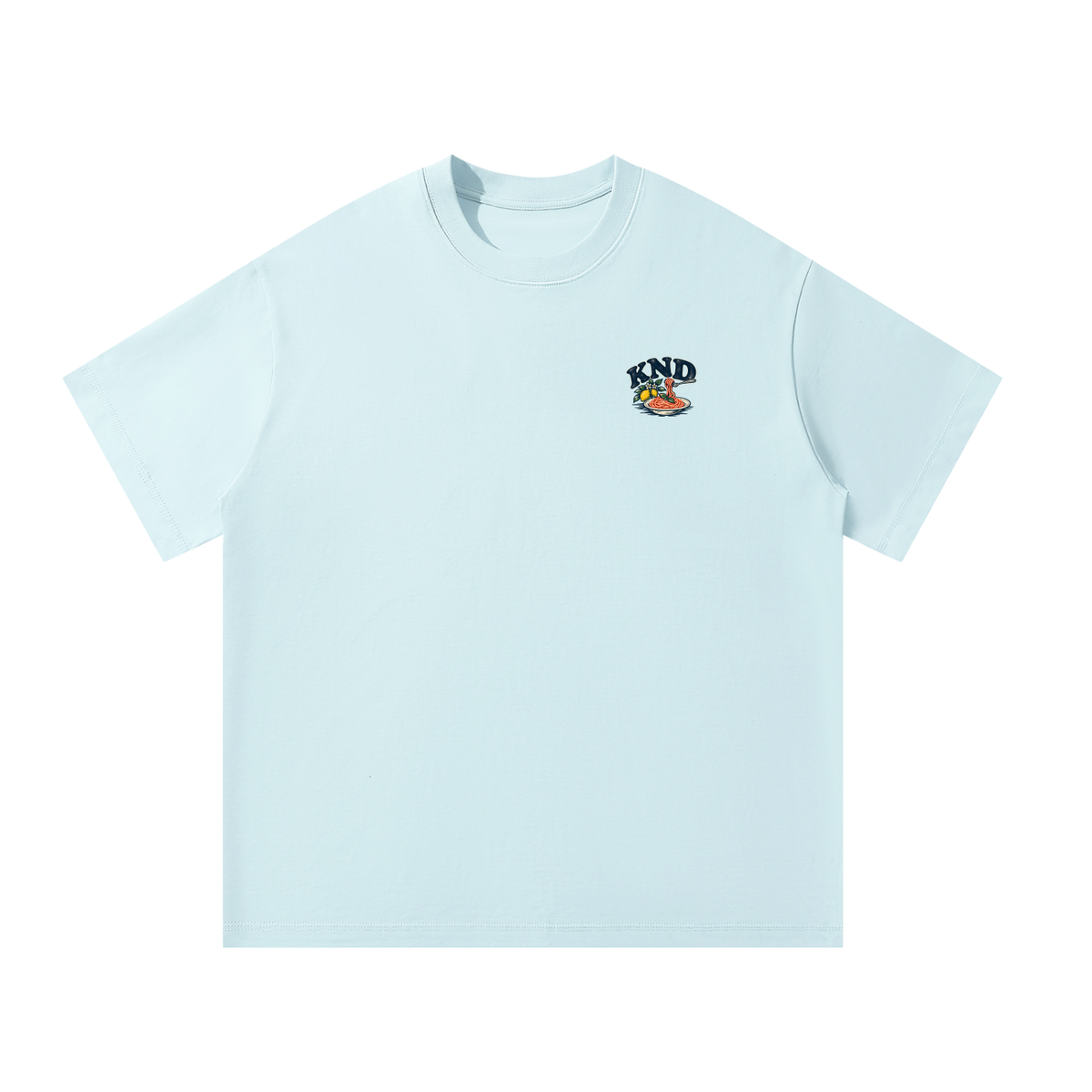 La Vita È Bella Tee, Sky Blue — front view with the small KND mark, lemons and a bowl of spaghetti, on the left chest