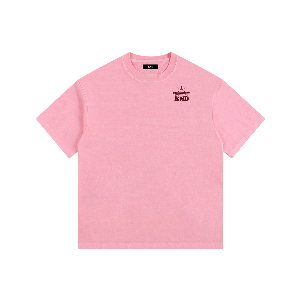 Take Your Time Washed Tee, Pink — front view with the small KND sun-and-board mark on the left chest