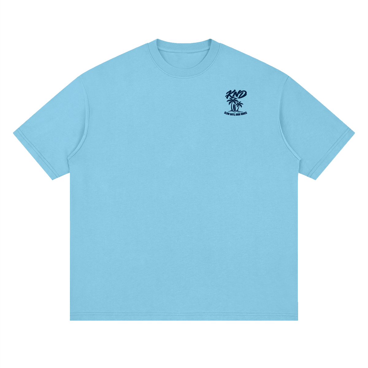 Slow Days, Good Waves Tee, Medium Blue — front view with a small graphic of palm trees with surfboards leaning at their base on the left chest