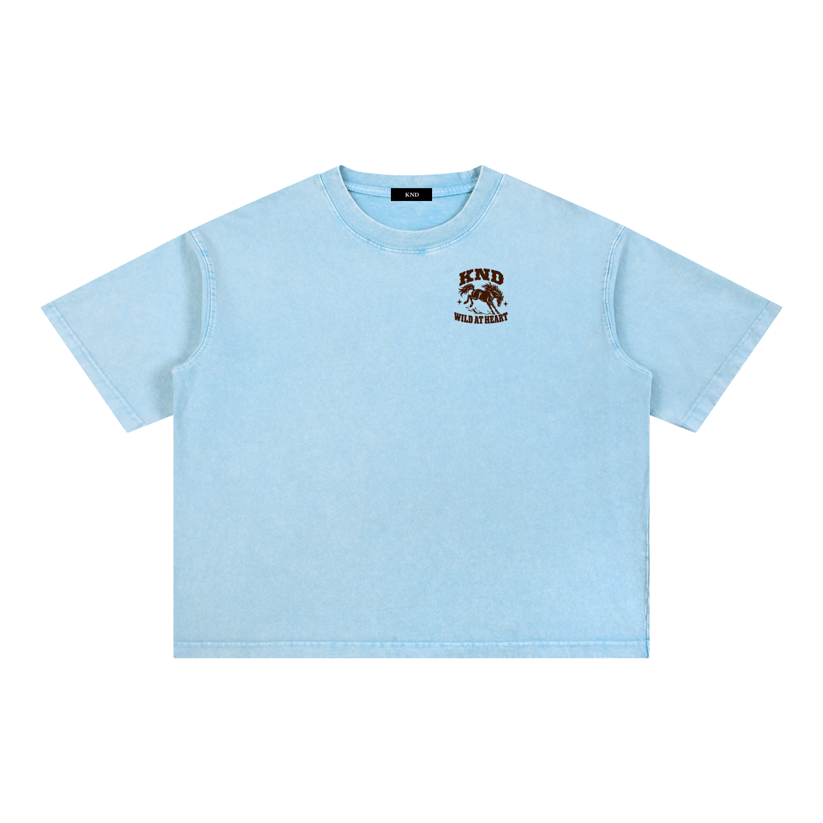 Wild at Heart Washed Tee, Sky Blue — front view with a small graphic of a horse mid-leap with its mane flying on the left chest