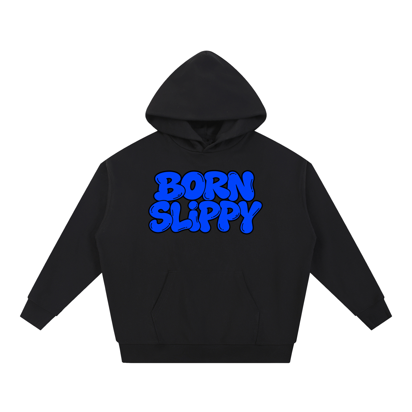 Black oversized hoodie with BORN SLIPPY printed across the chest in blue bubble lettering, front view