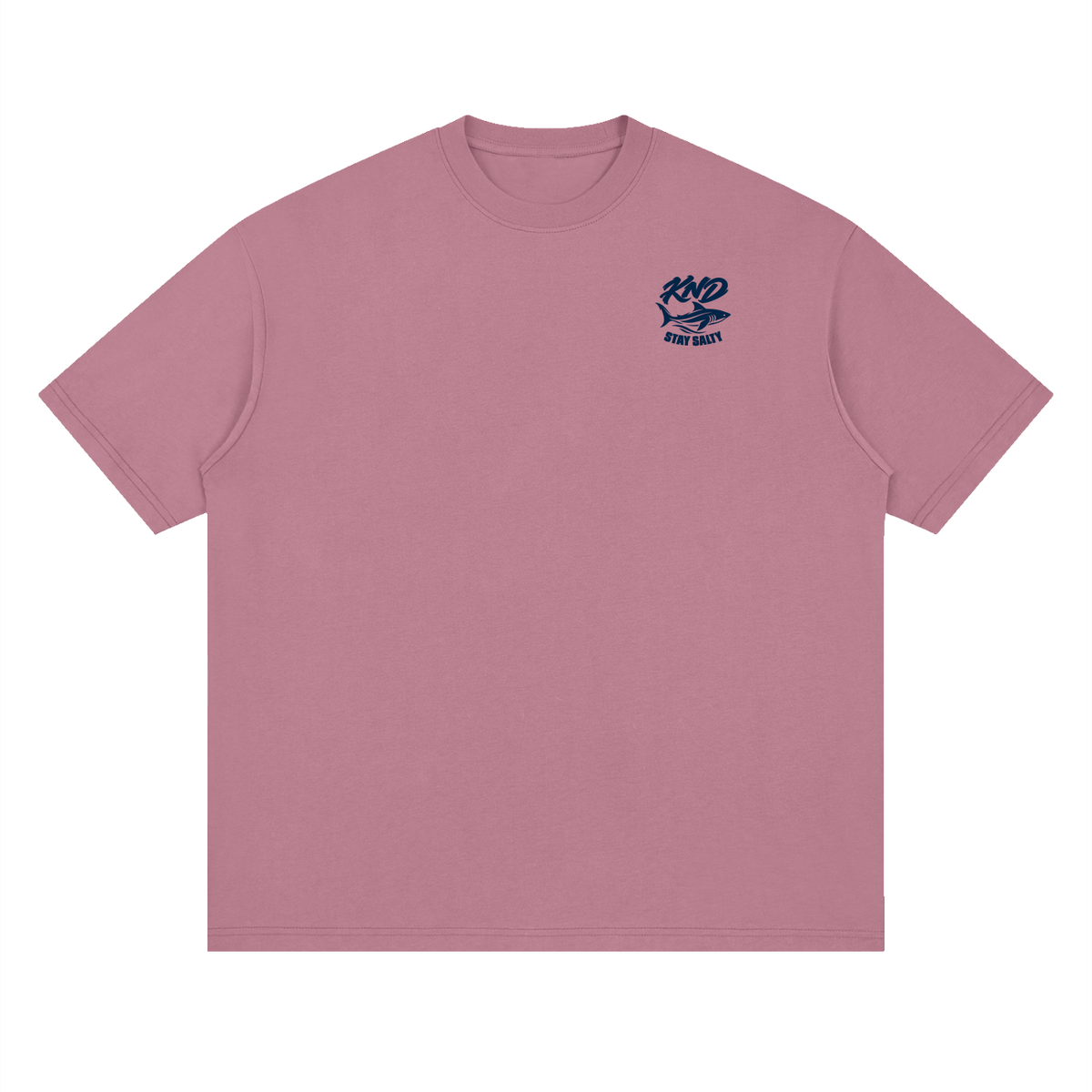 Stay Salty Tee, Bean Paste Red — front view with a small graphic of a shark above a line of water on the left chest