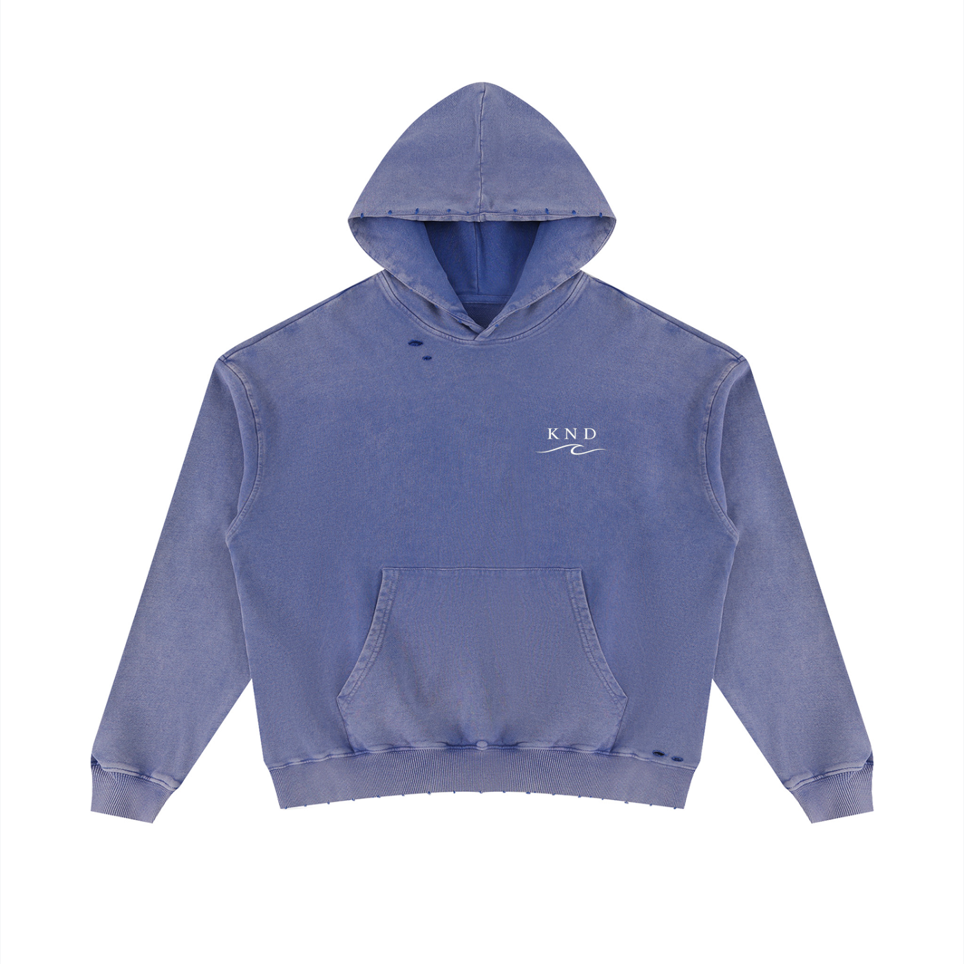 KND Brand mineral wash distressed oversized hoodie in heavyweight 400gsm cotton, front view with embroidered KND wave chest mark