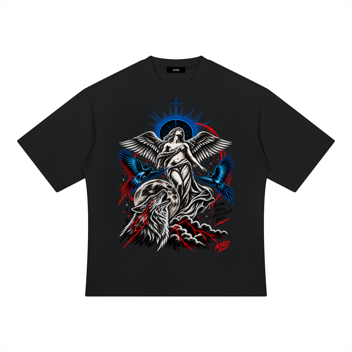 Same Soul Different Sky Heavyweight Tee, Black — front print, winged woman with a starburst halo, blue swallows, a howling wolf, a moon and lightning, with the words Same Soul Different Sky