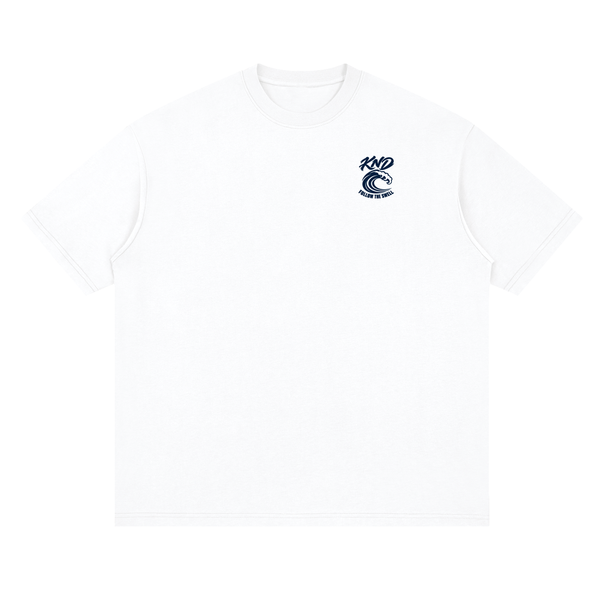Follow the Swell Tee, Lucent White — front view with a small graphic of a large curling wave on the left chest