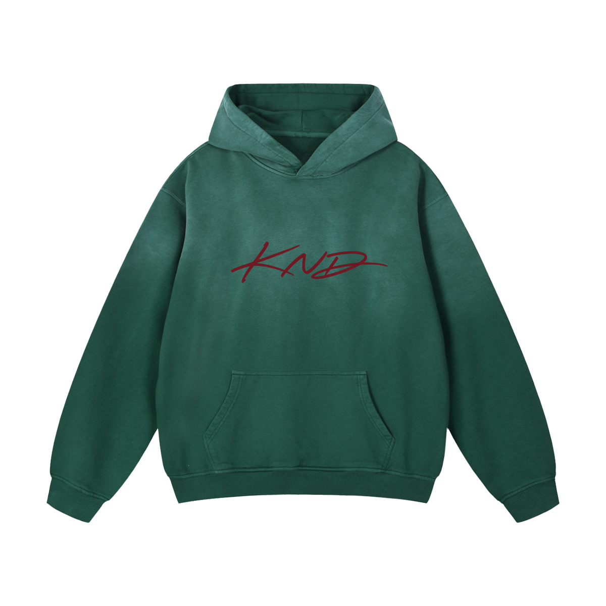 Sunfade Heavyweight Hoodie, Green — front view with the KND script in deep red across the chest
