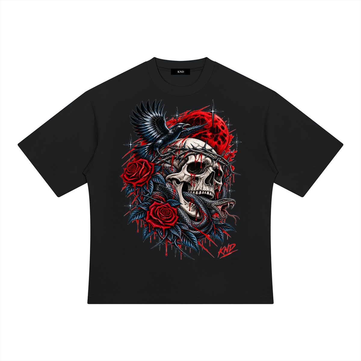 Crown Of Thorns Heavyweight Tee, Black — front print, skull wearing a crown of thorns with a raven, a snake, red roses and a red moon