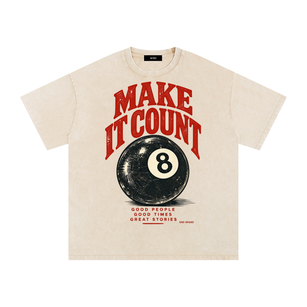 Make It Count Washed Tee, Apricot — front print, scuffed 8-ball graphic in red arched lettering