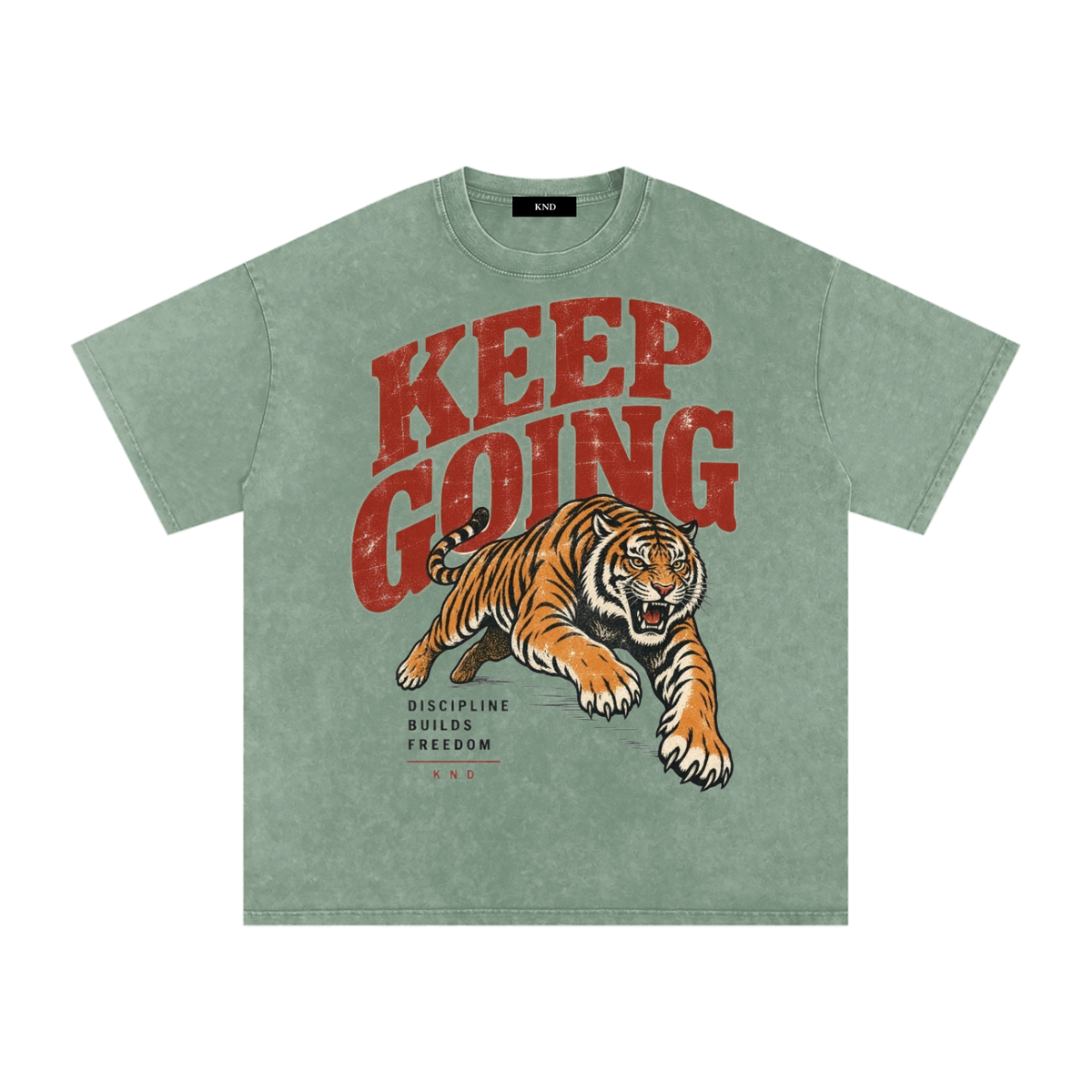 Keep Going Washed Tee, Bean Green — front print, leaping tiger graphic with Discipline Builds Freedom