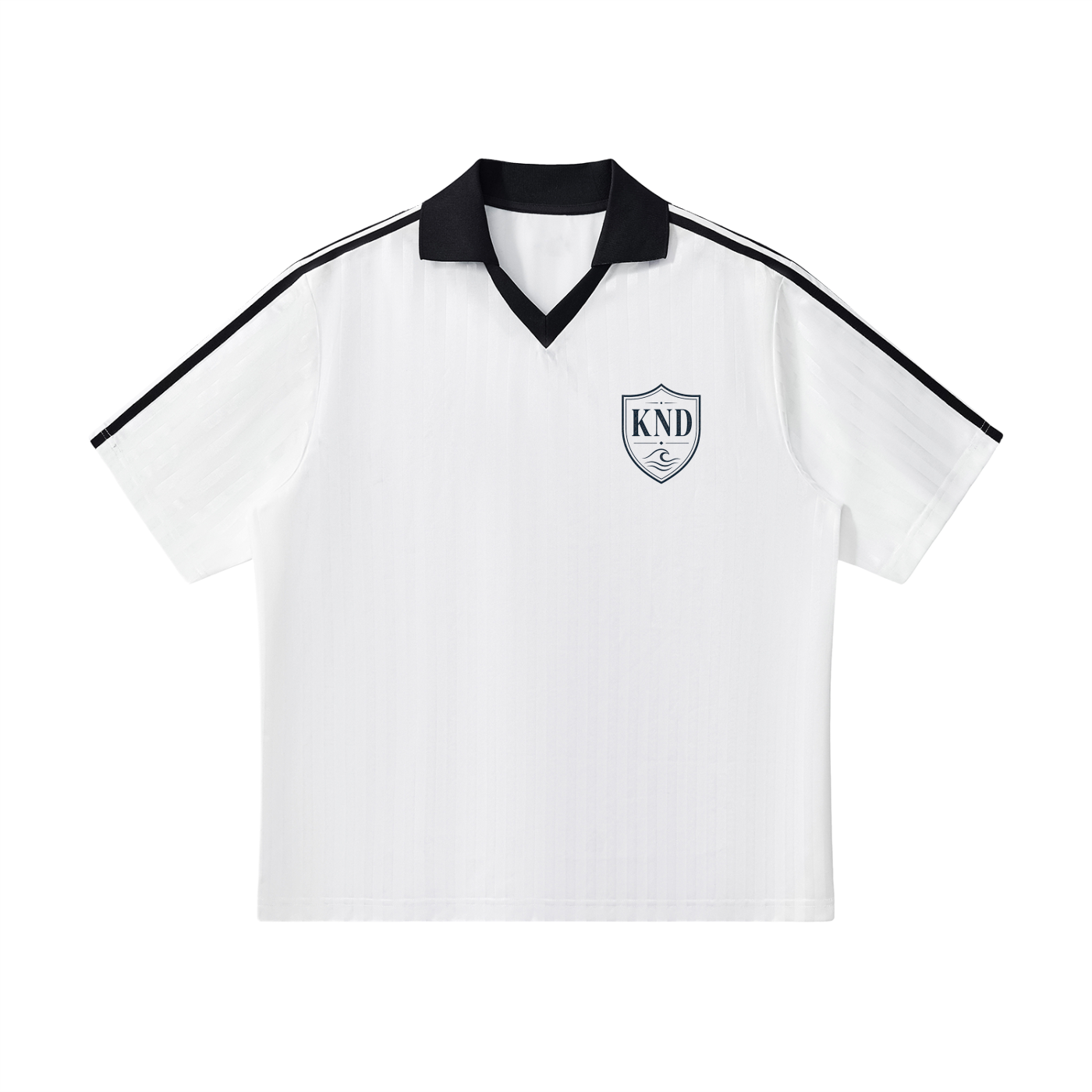 KND 01 white soccer jersey with black contrast collar and cuffs, loose drop-shoulder fit