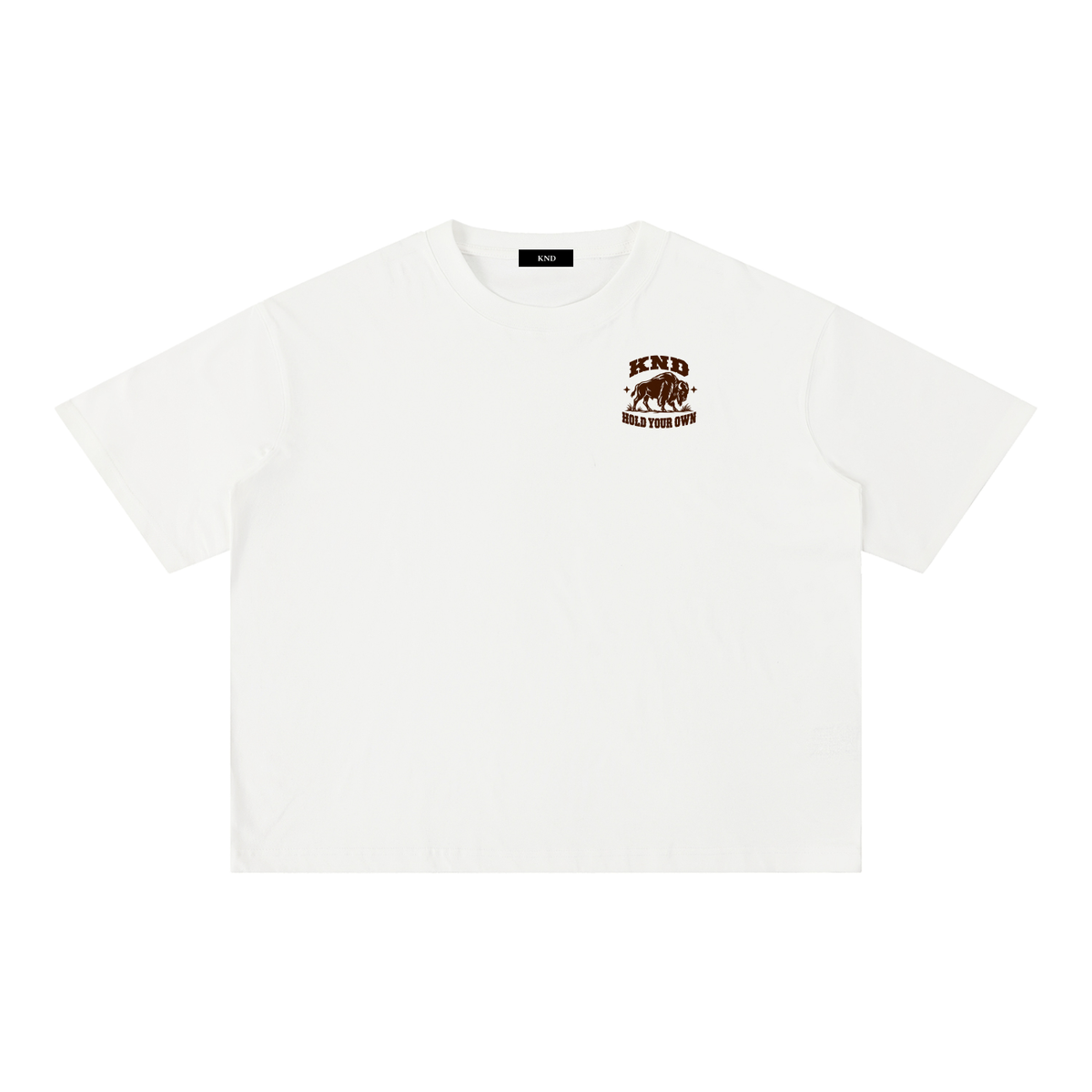 Hold Your Own Washed Tee, White — front view with a small graphic of a bison walking through prairie grass between two small stars on the left chest