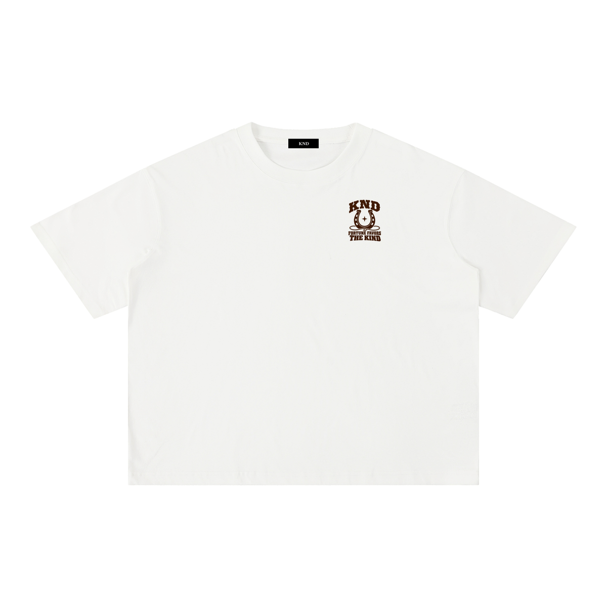 Fortune Favors the Kind Washed Tee, White — front view with a small graphic of a horseshoe wrapped in rope around a four-point star on the left chest