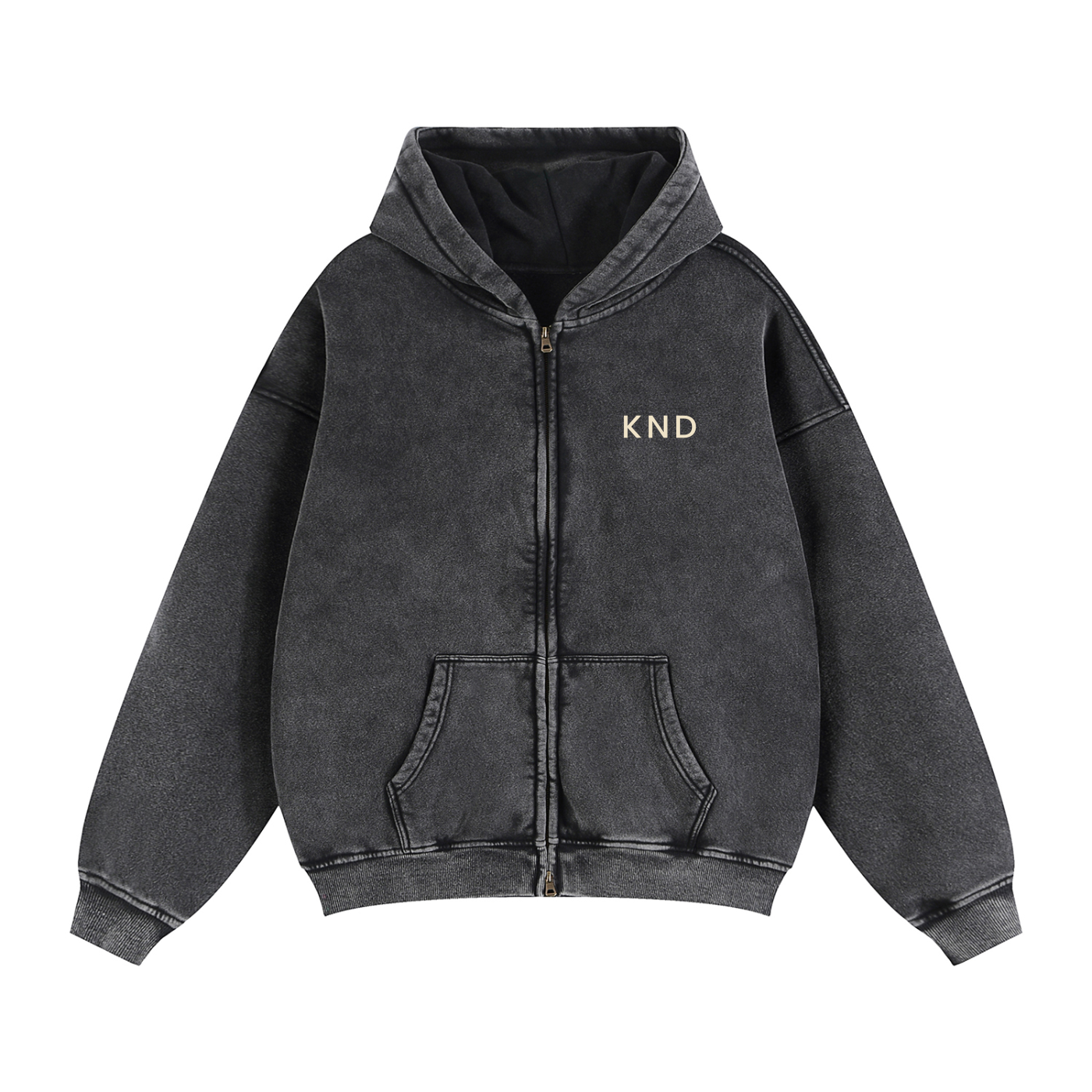 KND Brand boxy zip-through hoodie in washed black with ivory chest mark, front view