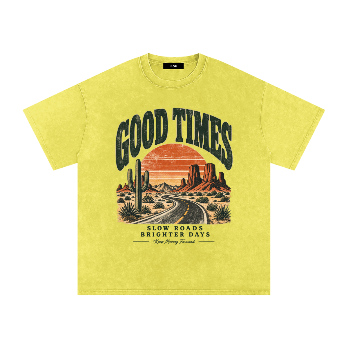 Good Times Washed Tee, Olive Yellow — front print, desert highway, saguaro and mesa sunset graphic