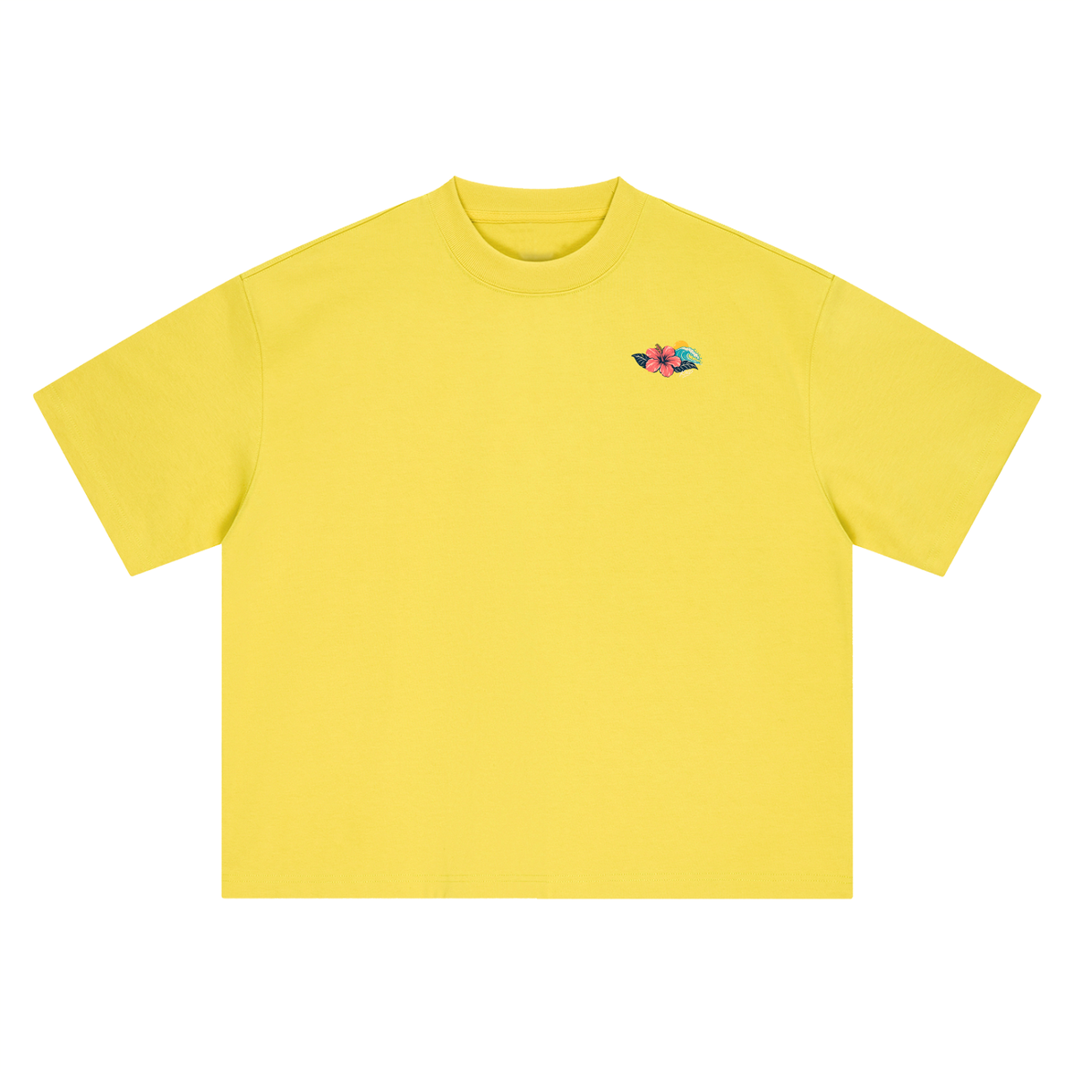 Hibiscus Surf Badge Tee, Olive Yellow — front view with the small hibiscus-and-wave mark on the left chest