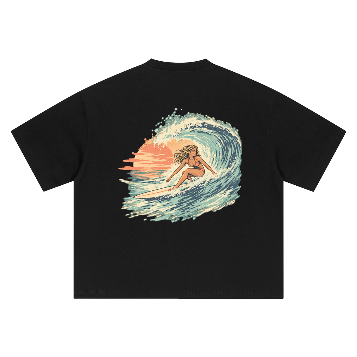 Sunset Curl Tee, Black — back print, surfer girl riding a curling wave against a setting sun