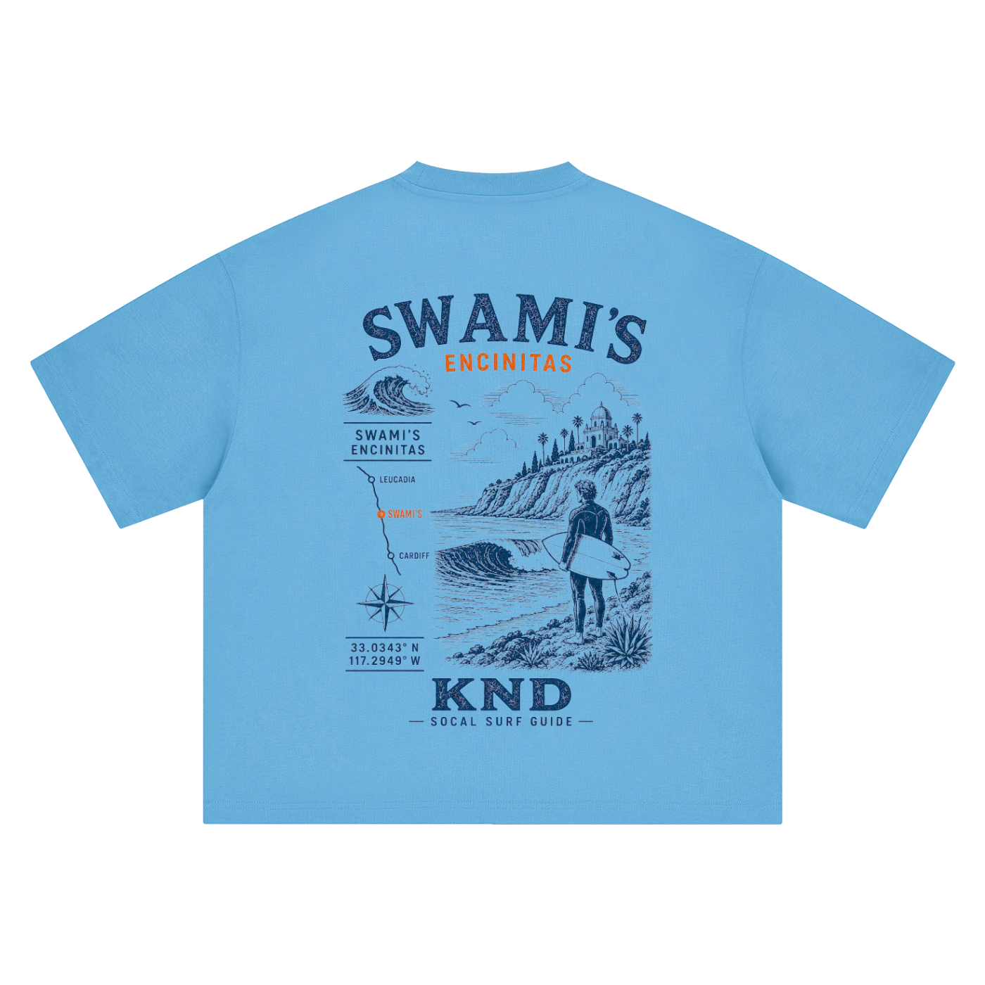 Swami's Surf Tee, Sky Blue — back print, vintage engraved Swami's point break with coordinates