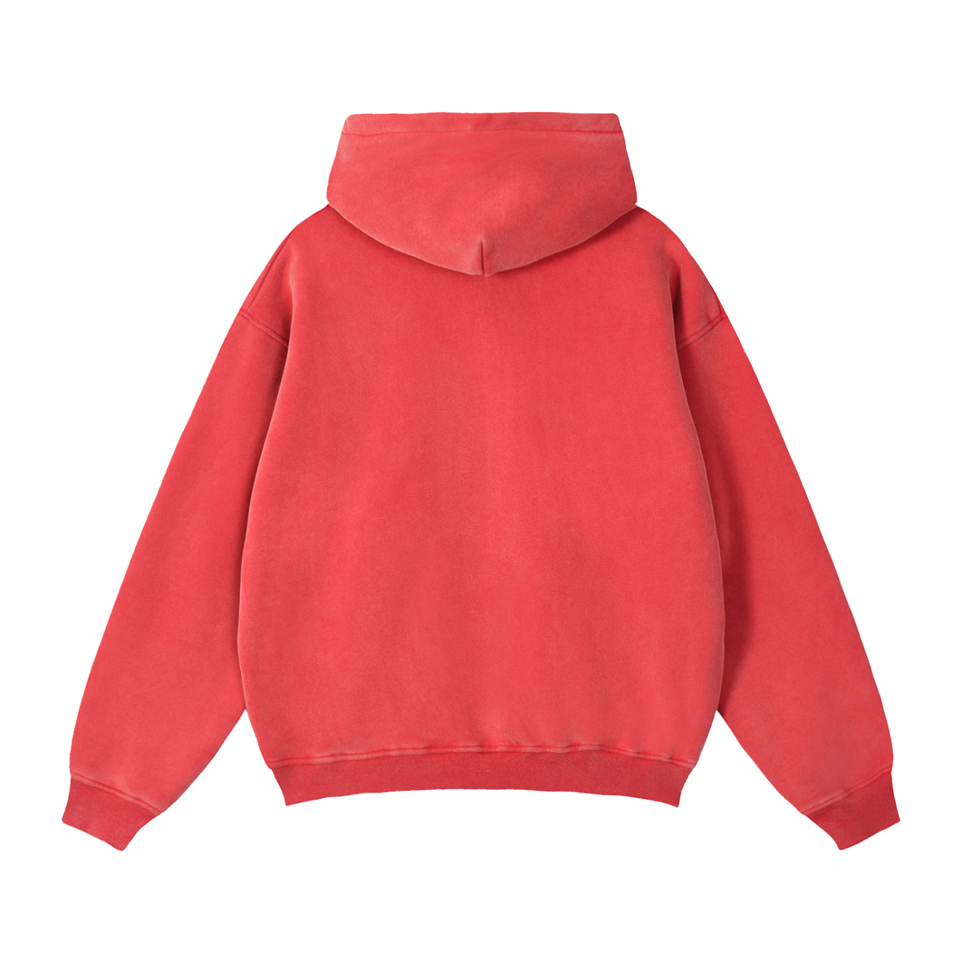 KND Brand boxy zip-through hoodie in washed red with ivory chest mark, front view