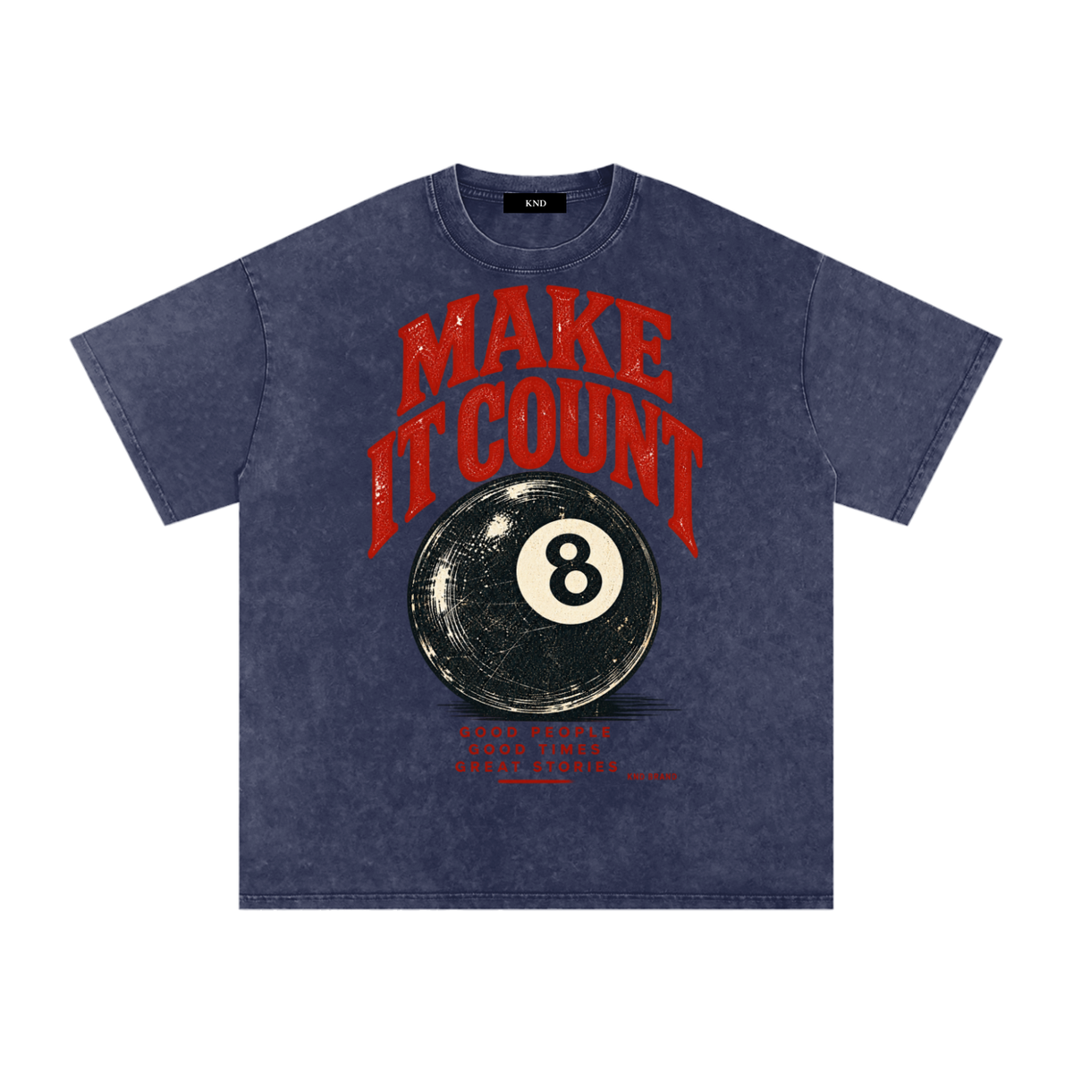 Make It Count Washed Tee, Royal Blue — front print, scuffed 8-ball graphic in red arched lettering