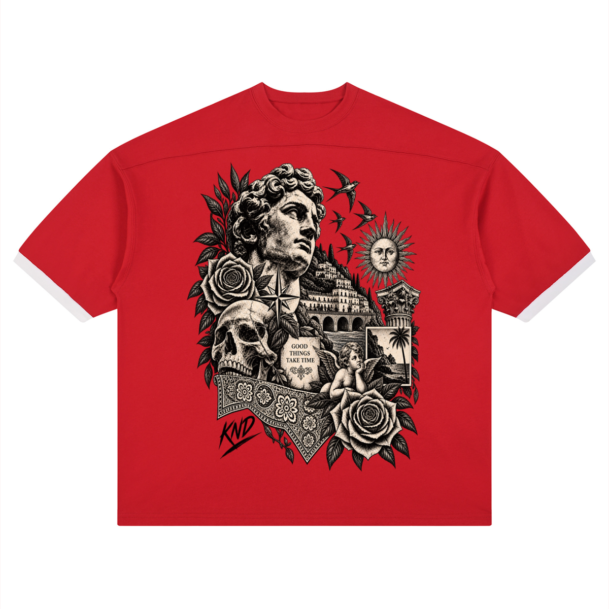 Good Things Take Time Color Block Tee, Red — front print, classical marble bust with roses, a skull, swallows, a sun face, a column, a coastal town and a cherub, with the words Good Things Take Time