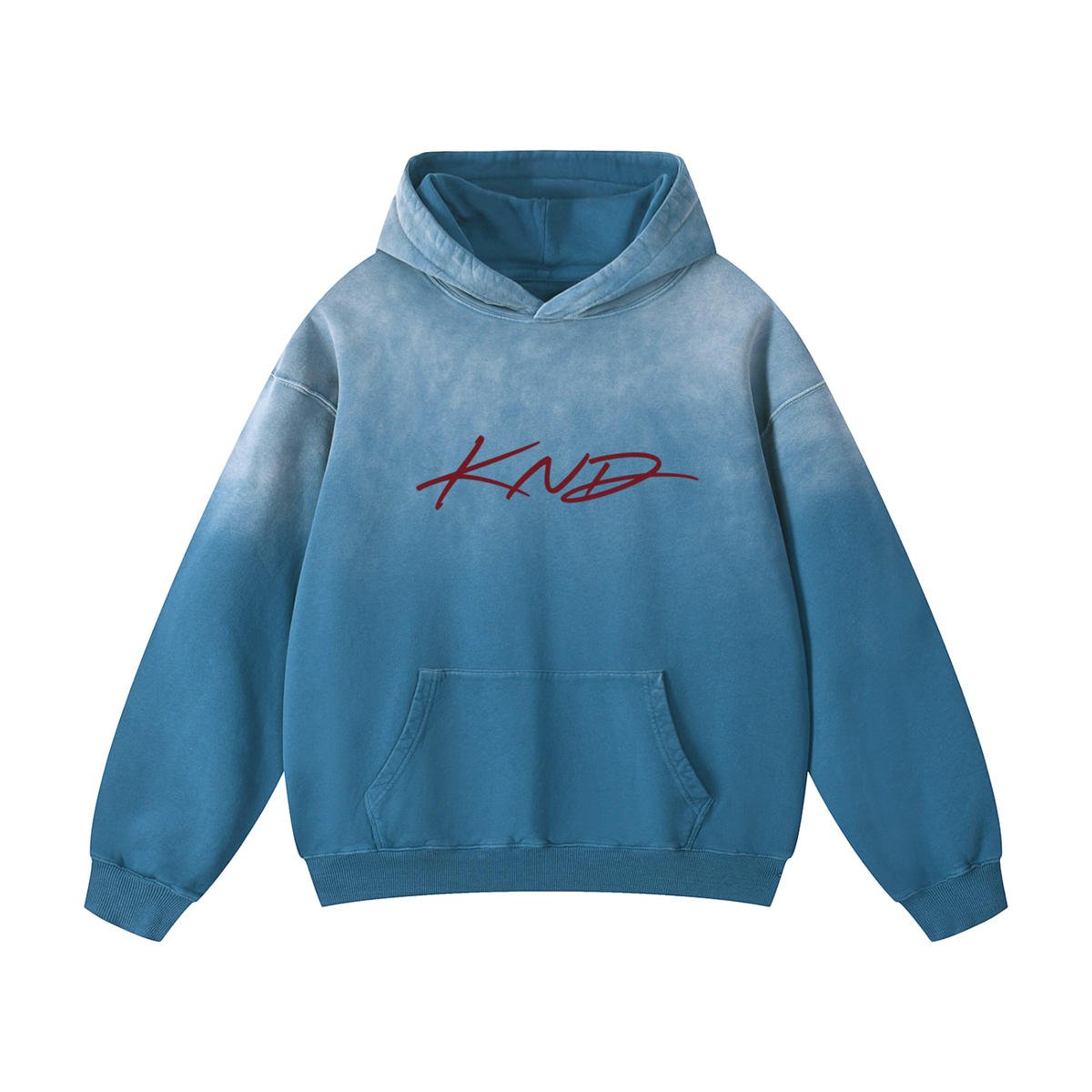 Sunfade Heavyweight Hoodie, Jeans Blue — front view with the KND script in deep red across the chest