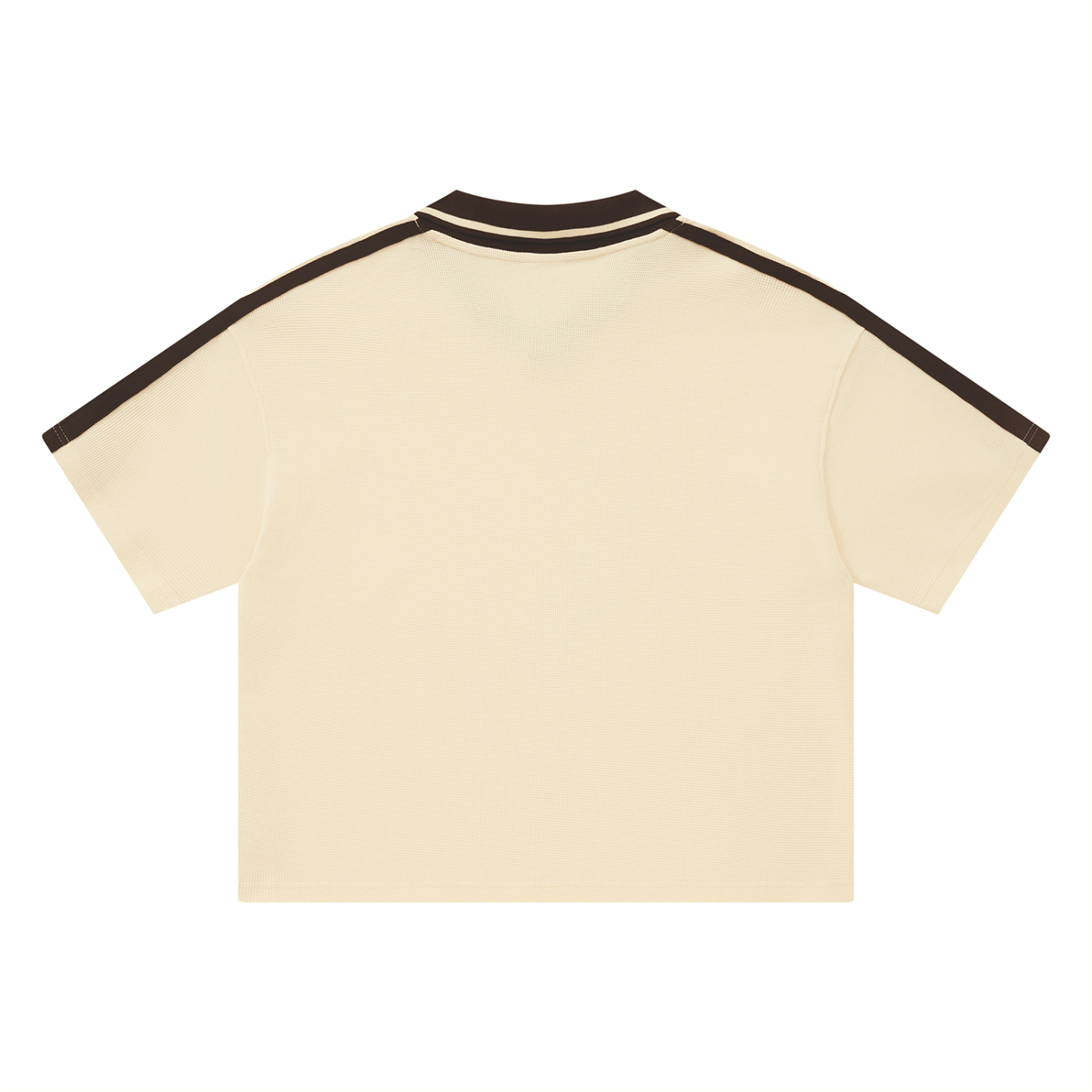 KND Brand Color Block Waffle Polo in apricot, back view showing brown shoulder stripes and drop shoulder cut