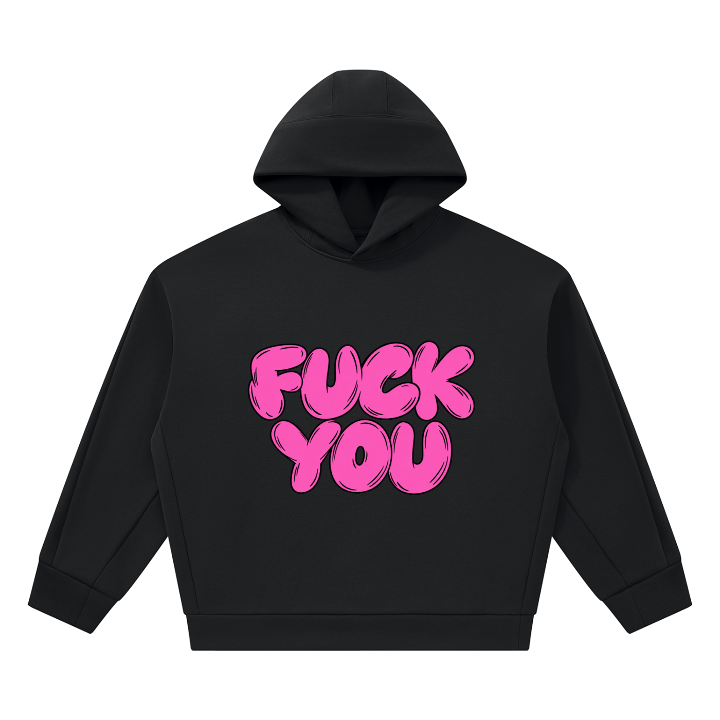 Black cropped boxy fleece hoodie with FUCK YOU printed across the chest in pink bubble lettering, front view