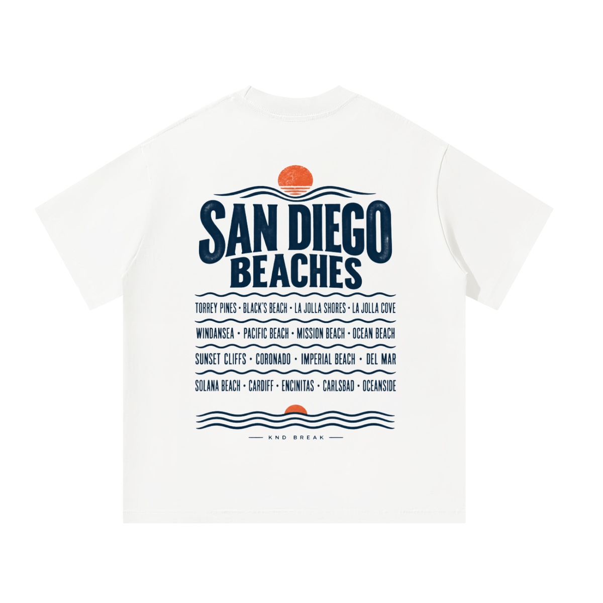 San Diego Beaches Tee, White — back print: “San Diego Beaches” with seventeen beach names from Torrey Pines to Oceanside between rows of waves