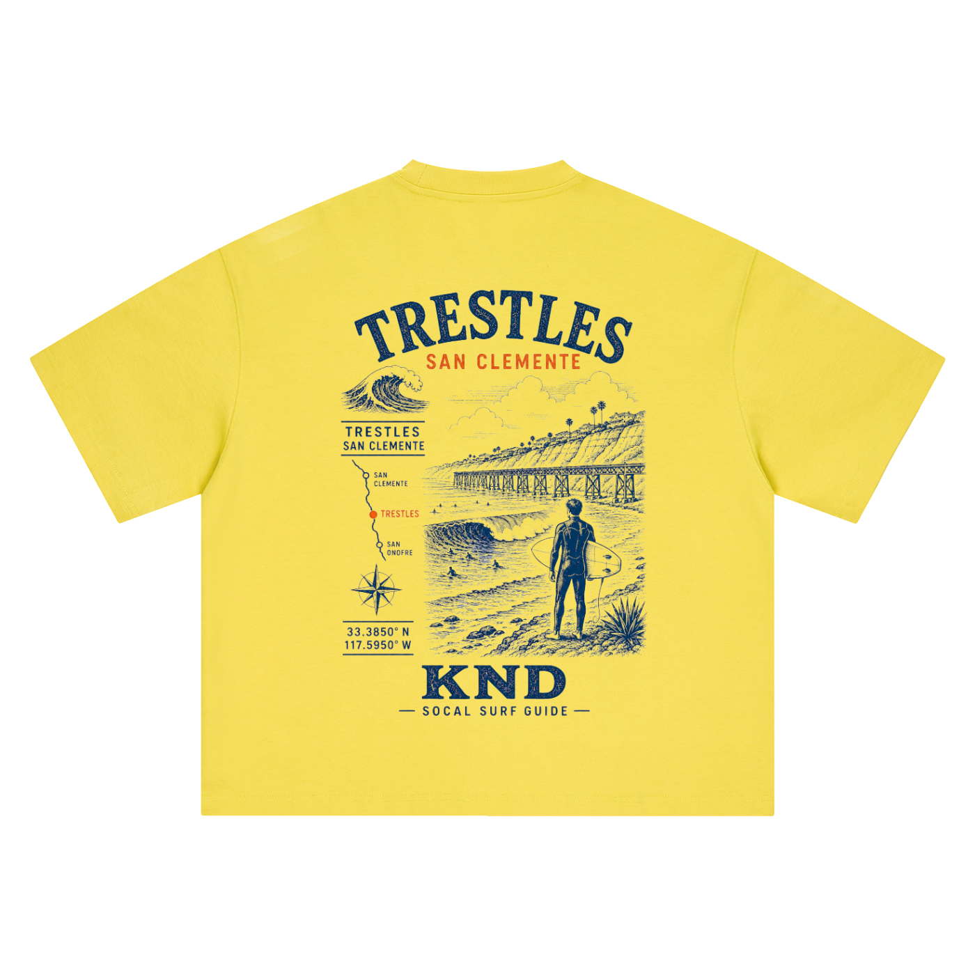 Trestles Surf Tee, Olive Yellow — back print, vintage engraved Trestles break at San Clemente with coordinates