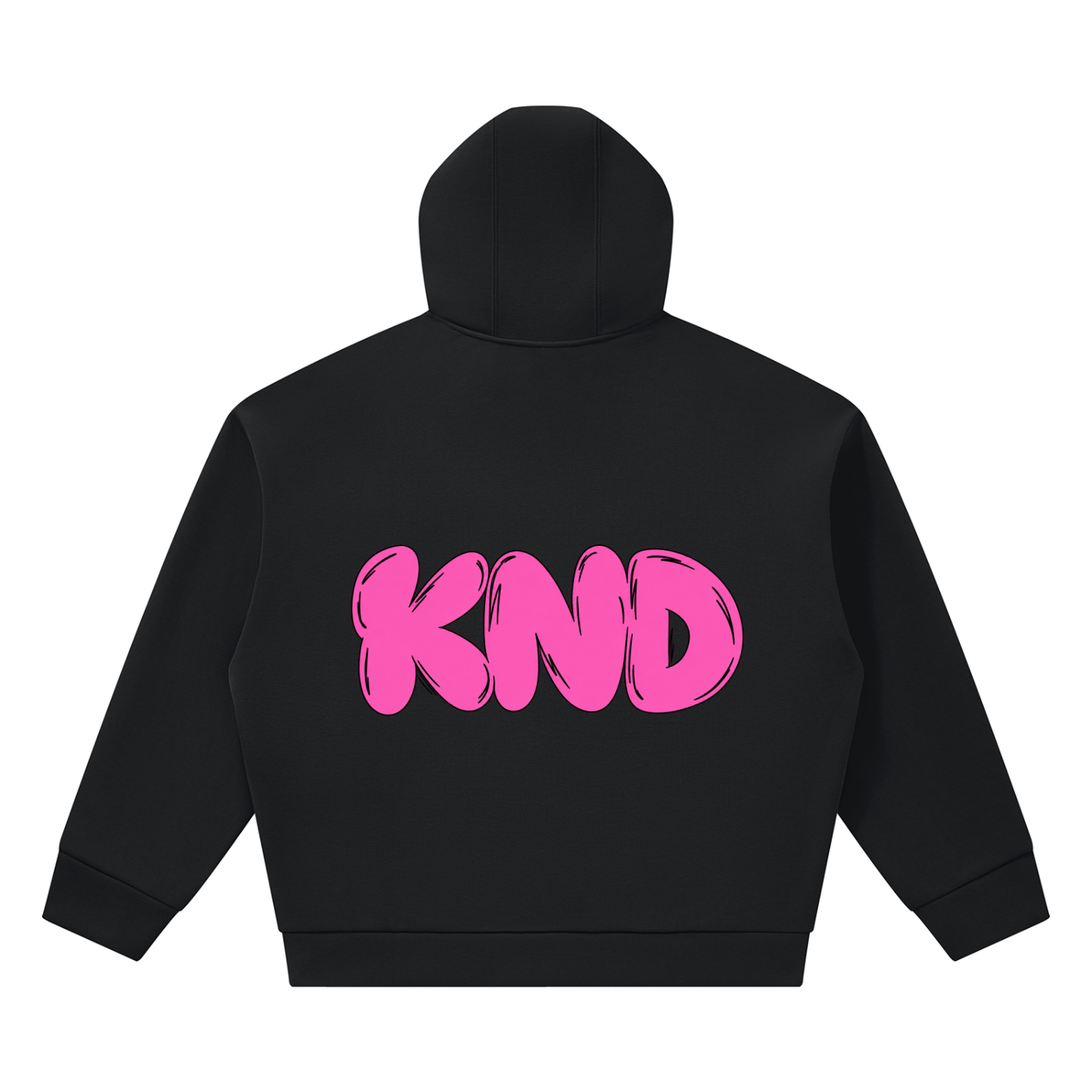 Back of the Fuck You boxy hoodie, pink bubble KND wordmark printed across the shoulders