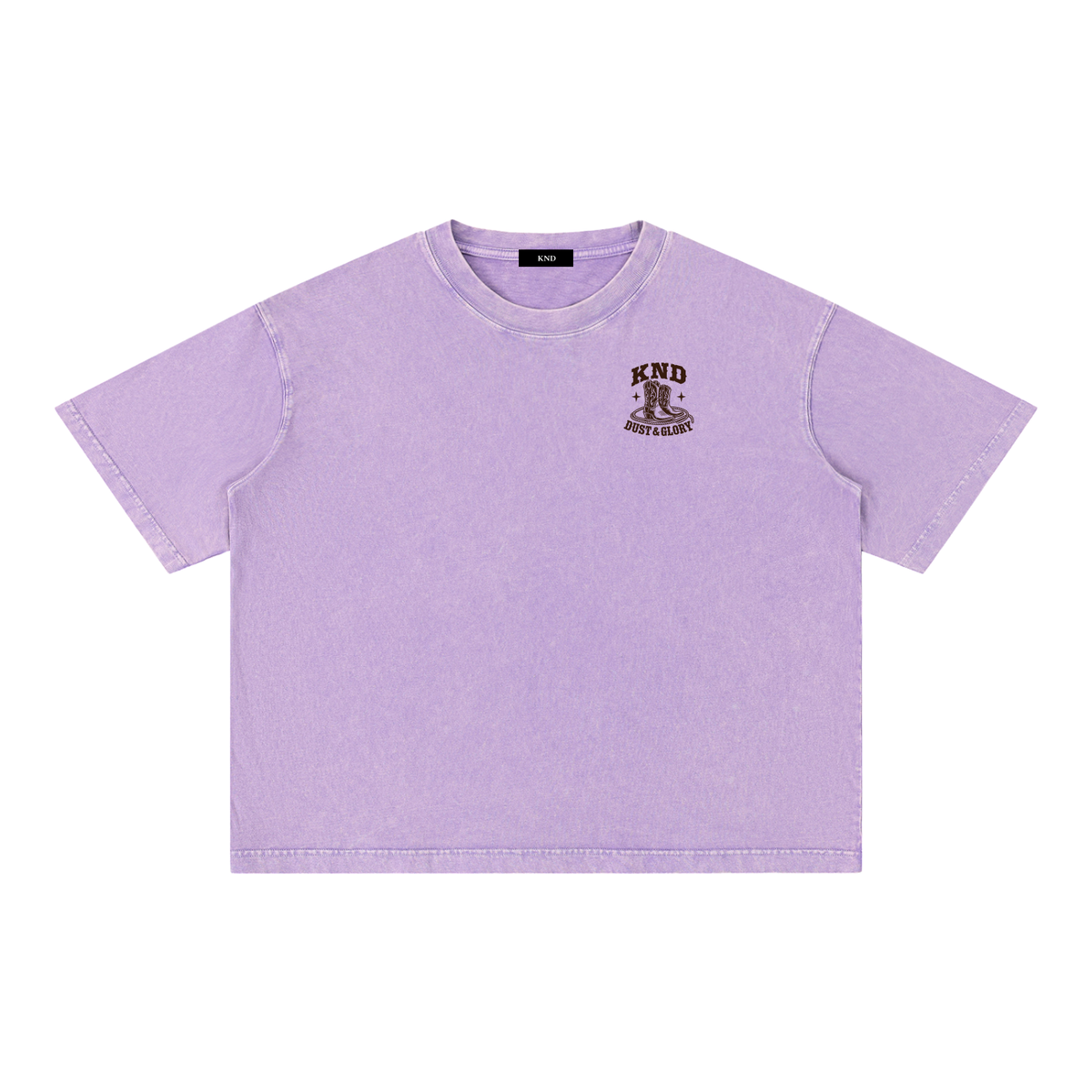 Dust &amp; Glory Washed Tee, Purple — front view with a small graphic of cowboy boots inside a coiled lasso between two small stars on the left chest
