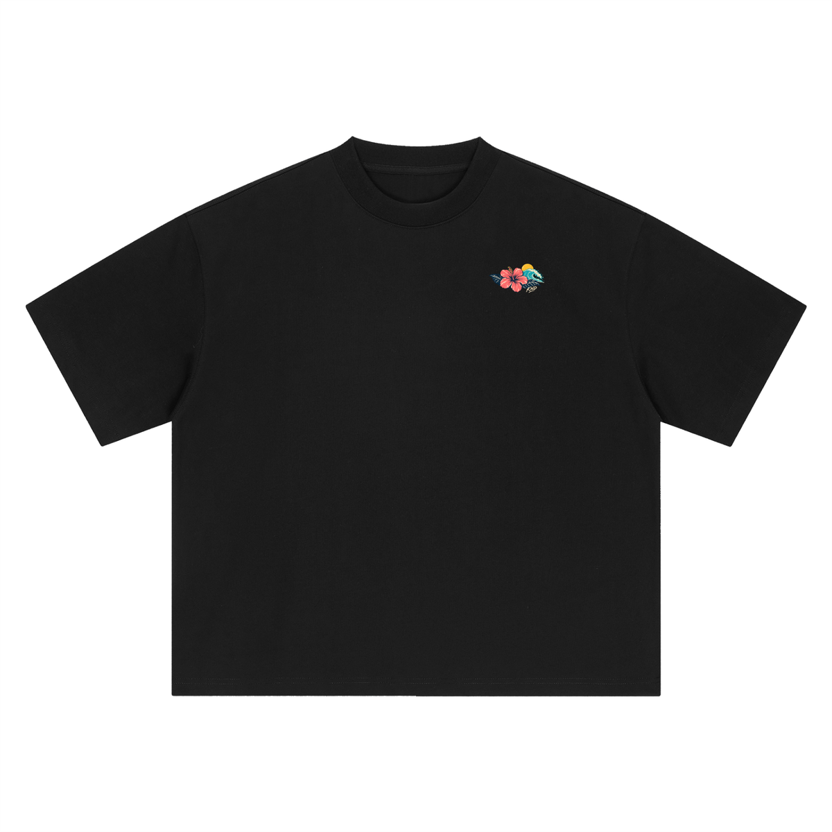 Hibiscus Surf Badge Tee, Black — front view with the small hibiscus-and-wave mark on the left chest