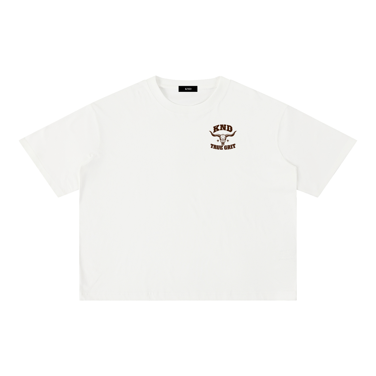 True Grit Washed Tee, White — front view with a small graphic of a longhorn steer skull with a star below on the left chest
