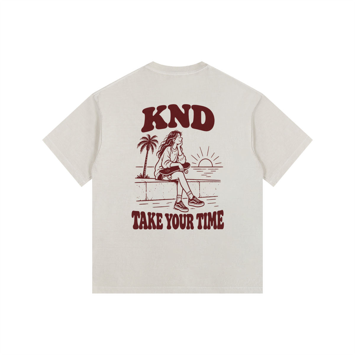 Take Your Time Washed Tee, Light Apricot — back print, skater girl on a seawall at sunset with a palm, Take Your Time lettering