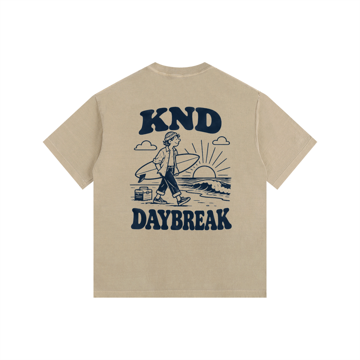 Daybreak Washed Tee, Khaki — back print, surfer walking to the beach at sunrise with board and cooler, Daybreak lettering