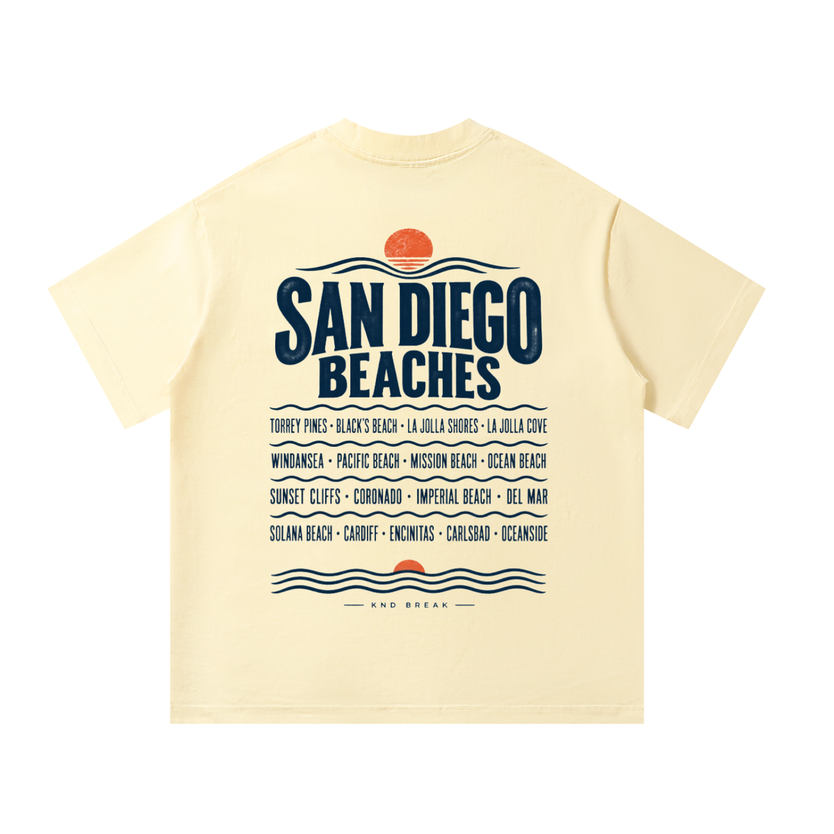 San Diego Beaches Tee, Apricot — back print: “San Diego Beaches” with seventeen beach names from Torrey Pines to Oceanside between rows of waves