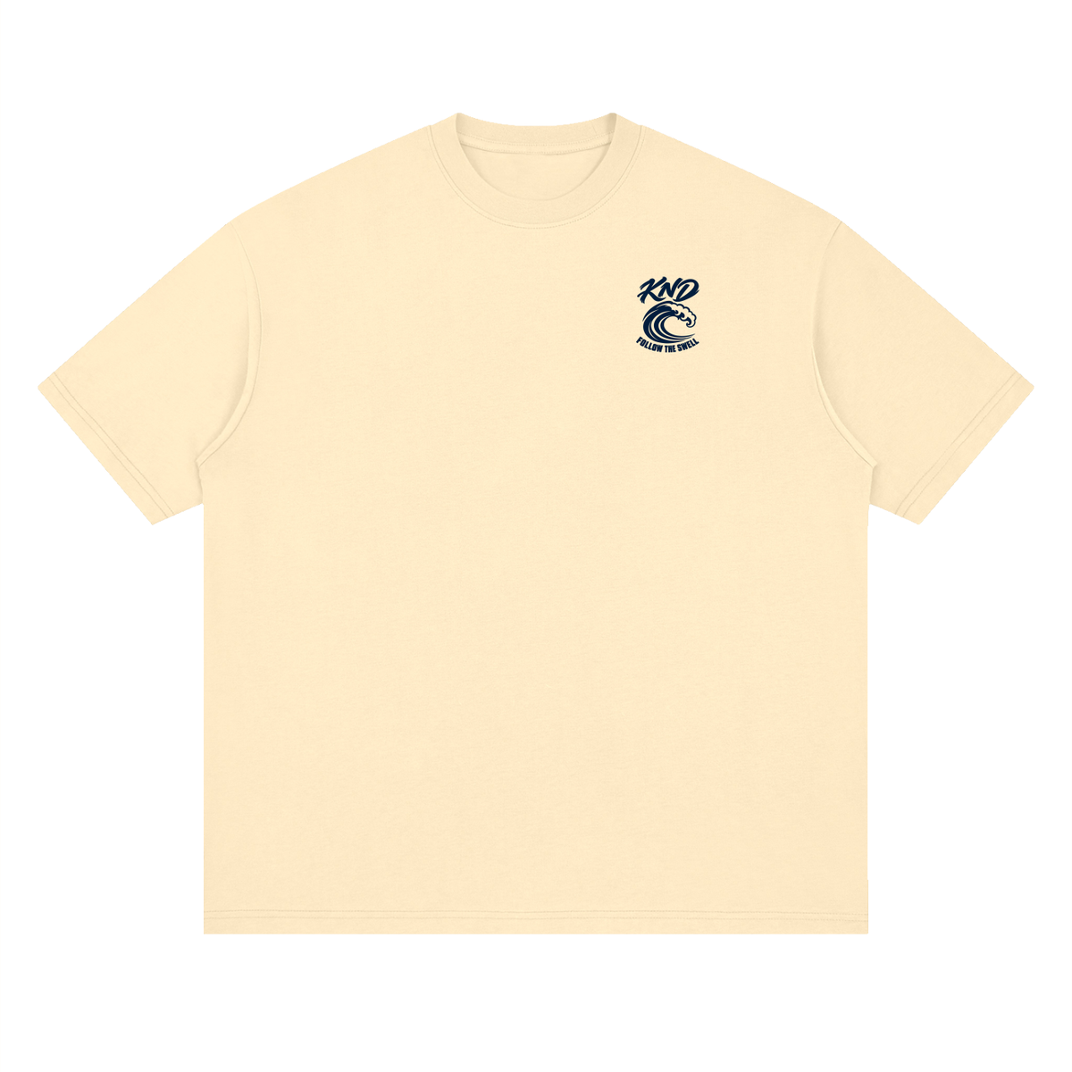 Follow the Swell Tee, Light Apricot — front view with a small graphic of a large curling wave on the left chest