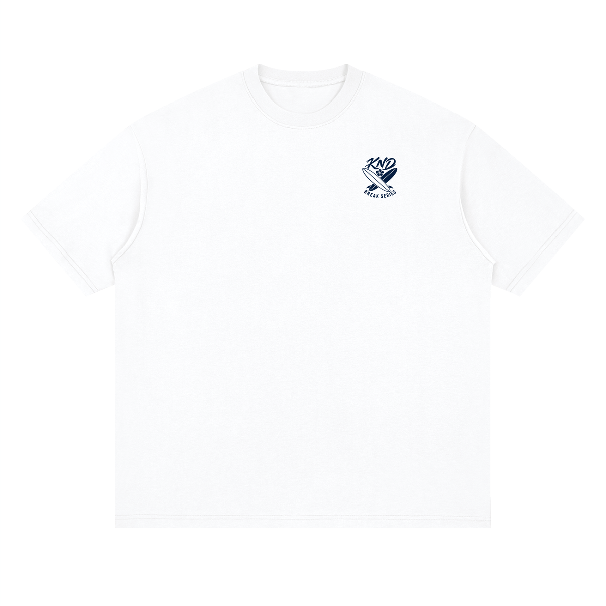Crossed Boards Tee, Lucent White — front view with a small graphic of two crossed surfboards with a hibiscus flower on the left chest