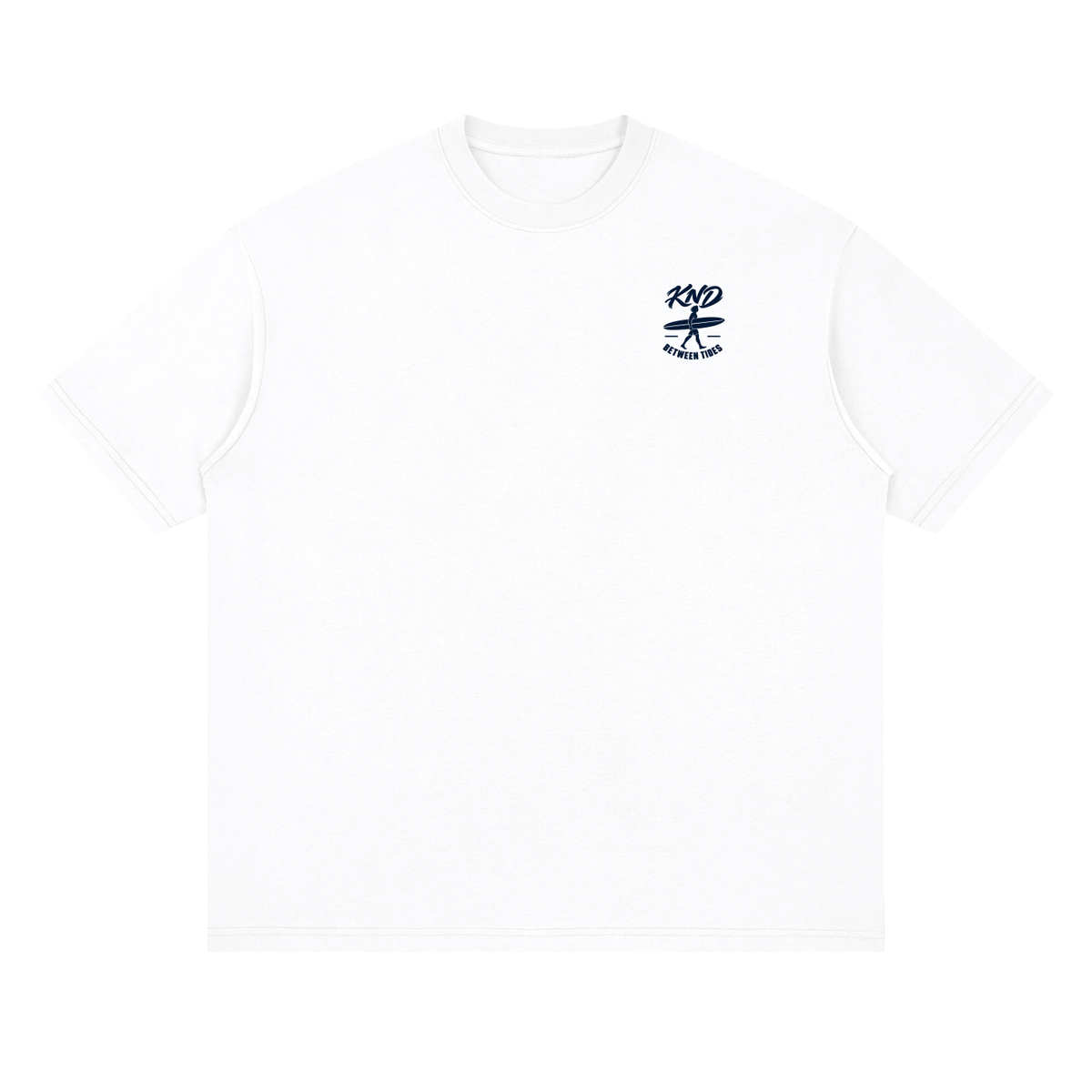 Between Tides Tee, Lucent White — front view with a small graphic of a surfer walking with a board under one arm between two thin lines on the left chest
