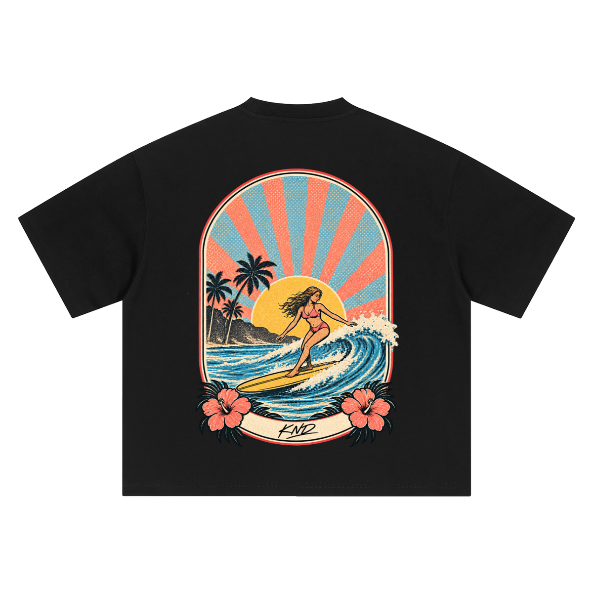 Hibiscus Surf Badge Tee, Black — back print, retro arched badge with a surfer girl, sunburst, palms and hibiscus