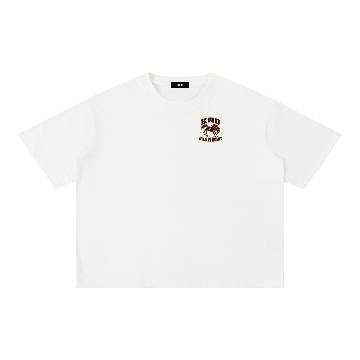 Wild at Heart Washed Tee, White — front view with a small graphic of a horse mid-leap with its mane flying on the left chest
