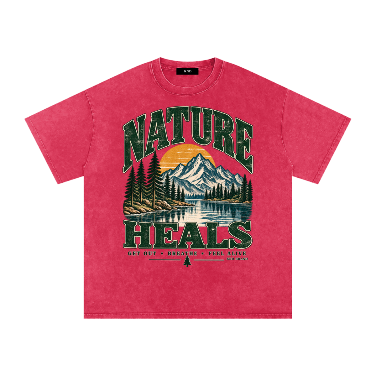 Nature Heals Washed Tee, Dark Red — front print, alpine lake, snow-capped peak and sunrise graphic