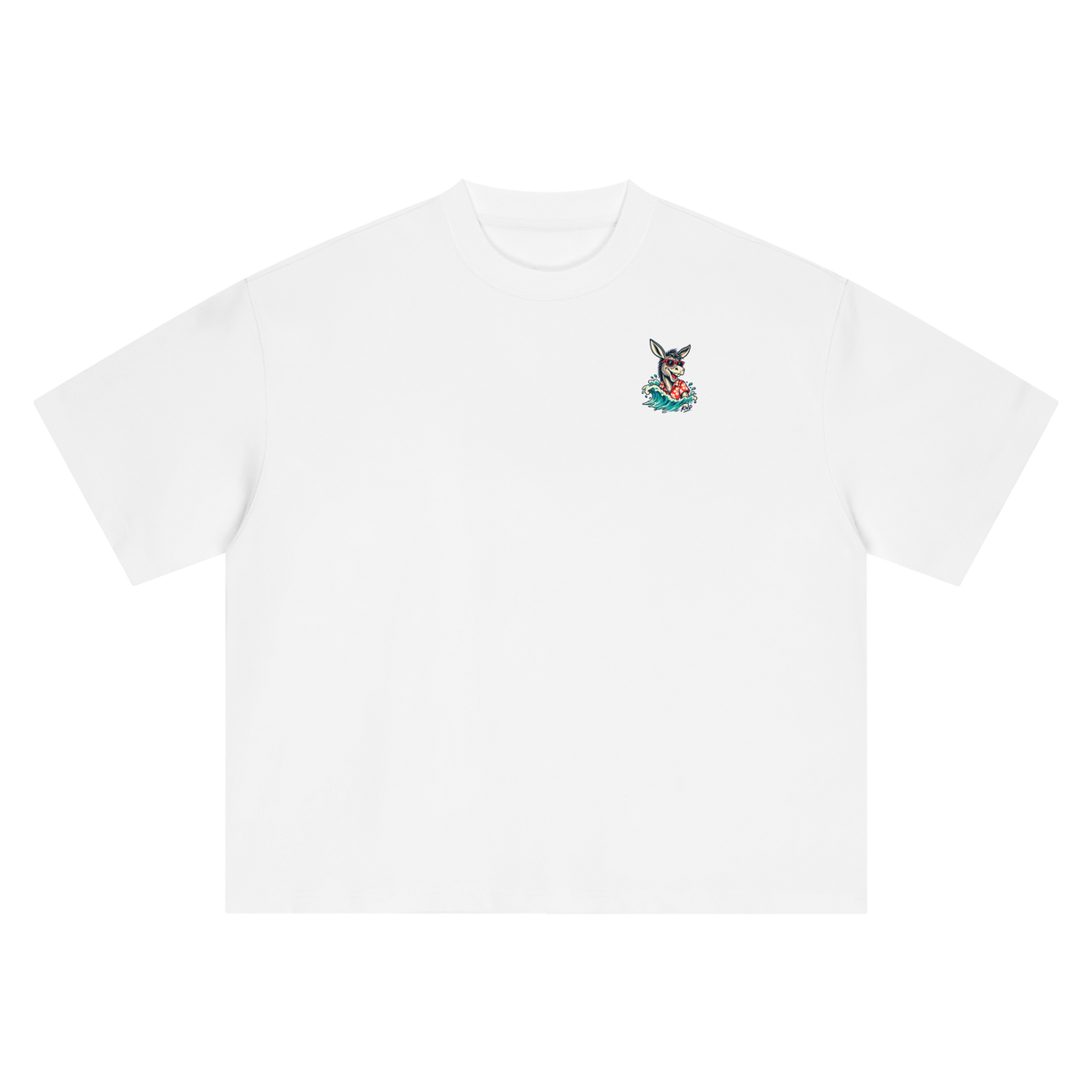 Surf Donkey Tee, White — front view with the small surf-donkey mark on the left chest