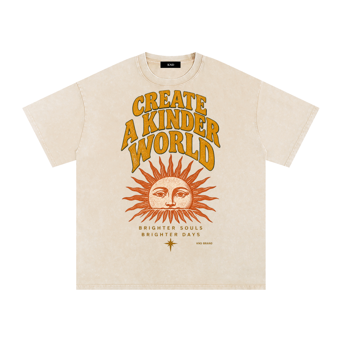 Create A Kinder World Washed Tee, Apricot — front print, vintage sun-face graphic with Brighter Souls, Brighter Days