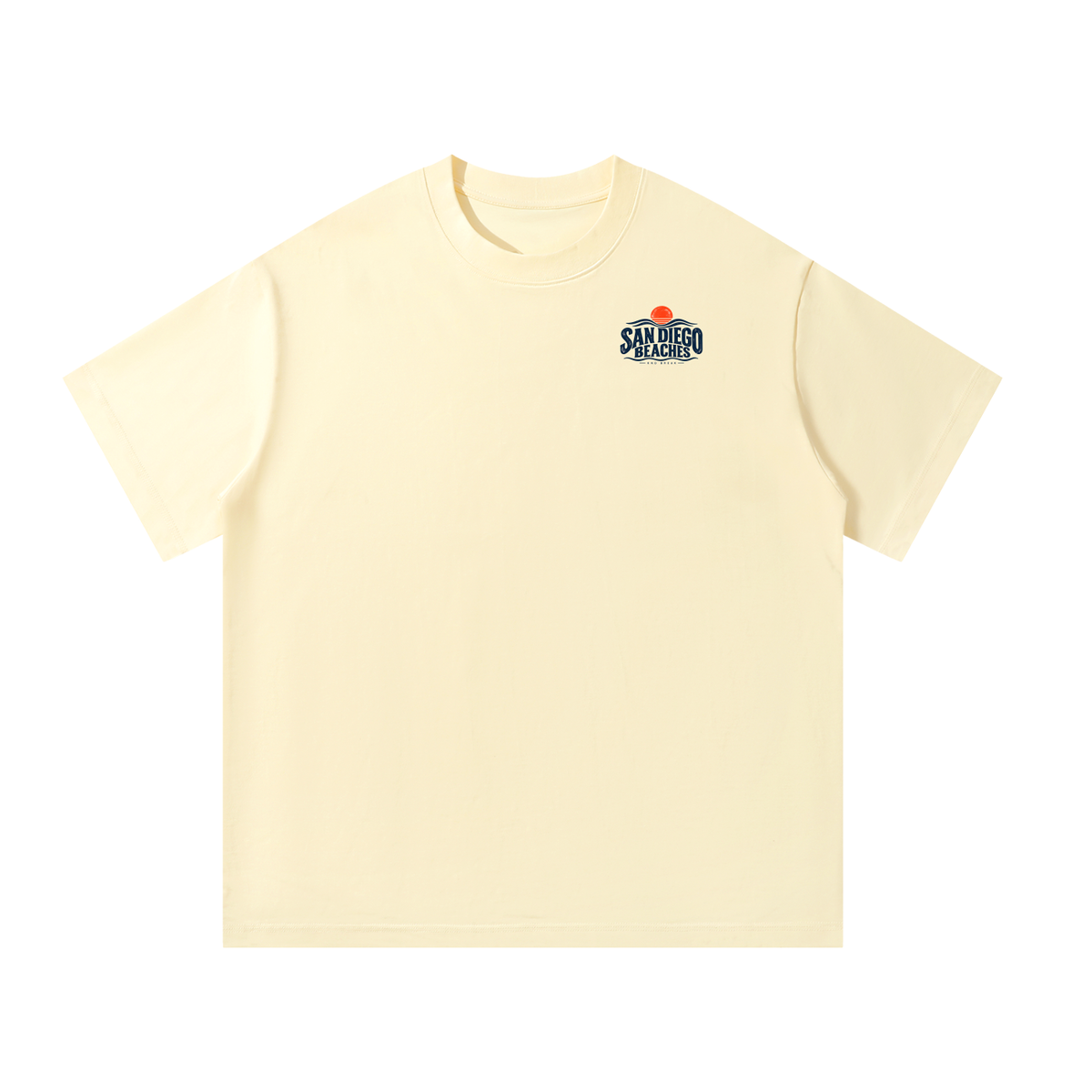 San Diego Beaches Tee, Apricot — front view with the small San Diego Beaches badge on the left chest