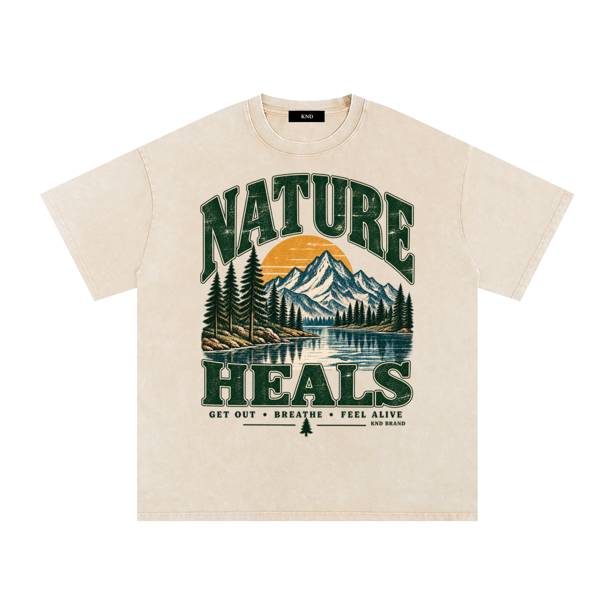 Nature Heals Washed Tee, Apricot — front print, alpine lake, snow-capped peak and sunrise graphic