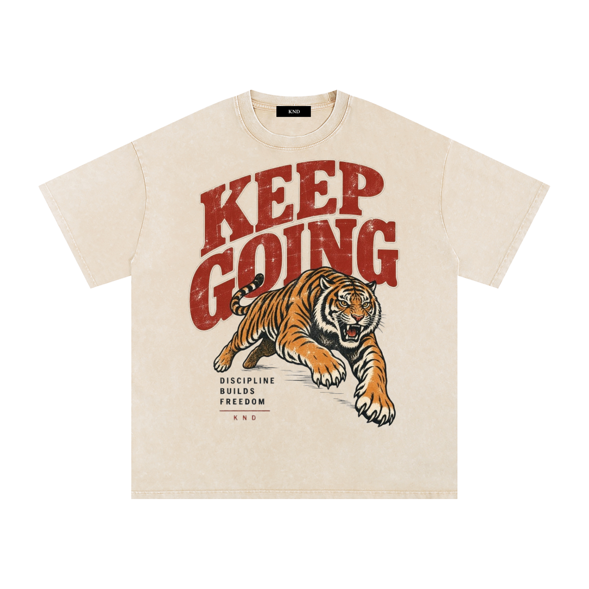 Keep Going Washed Tee, Apricot — front print, leaping tiger graphic with Discipline Builds Freedom