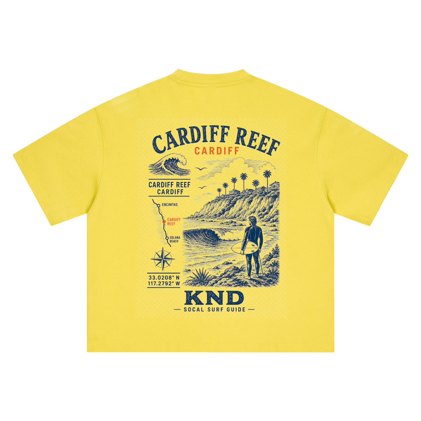 Cardiff Reef Surf Tee, Olive Yellow — back print, vintage engraved Cardiff Reef break with coordinates